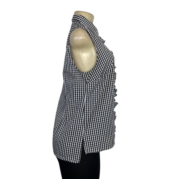 Izod Black & White Gingham Sleeveless Button-Up Top With Ruffle Front Sz SP - Picture 2 of 6